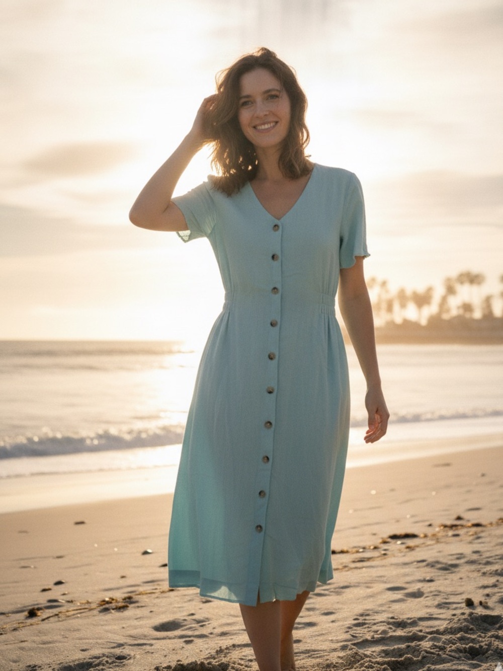 Linen Teal Blue Button-Front Dress